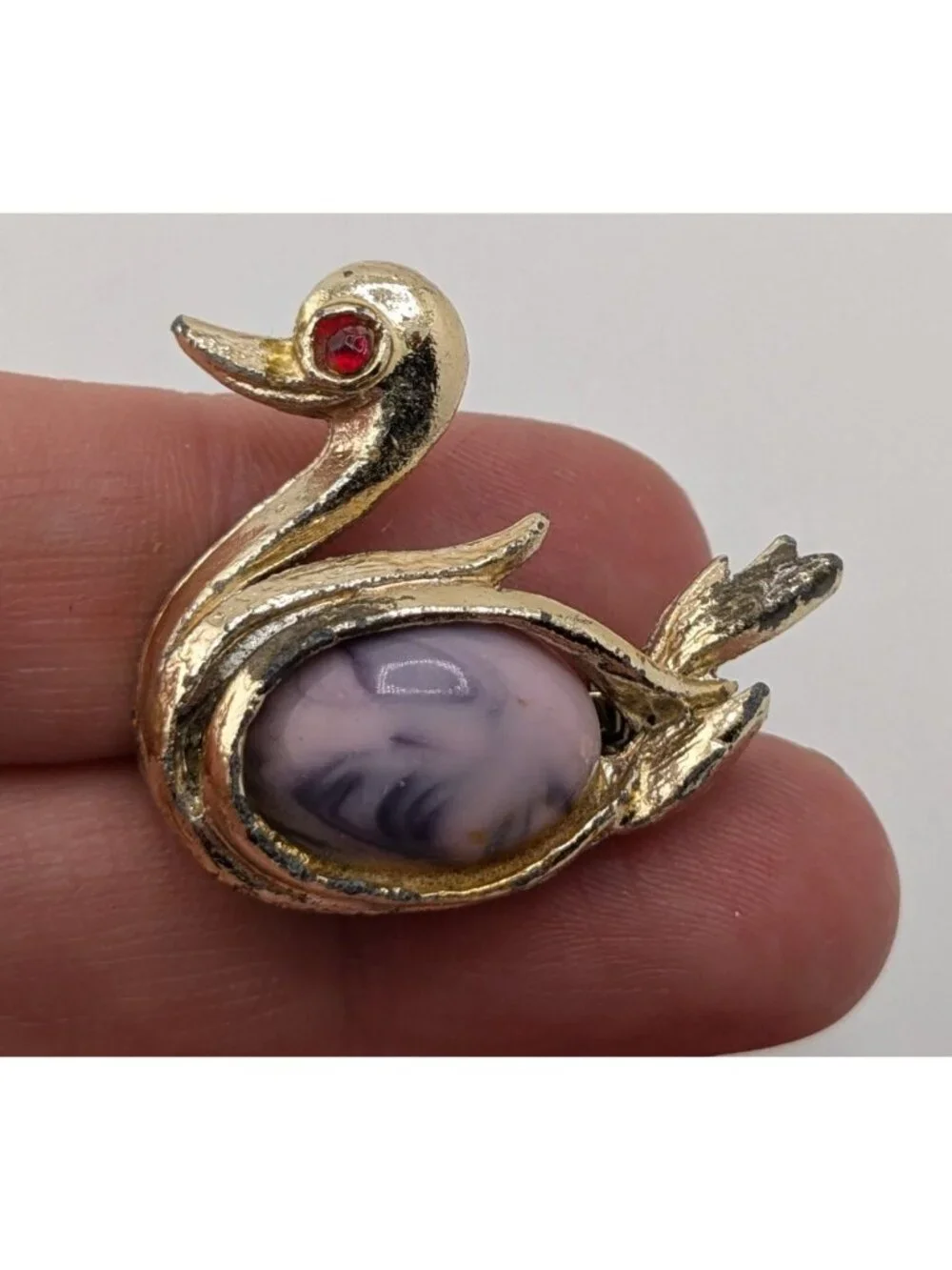 Vintage Swan Brooch Rhinestone Eye Stone Belly Lilac Red Gold